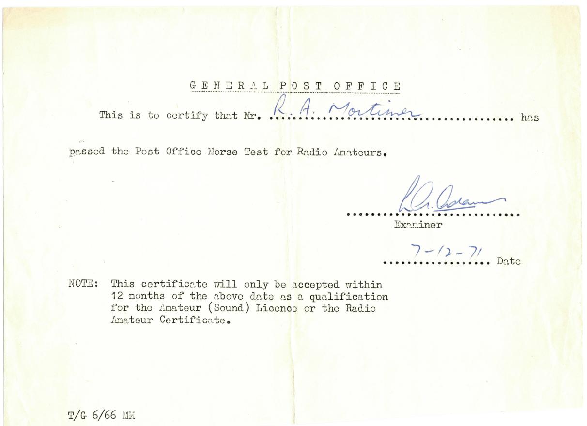 Morse Test Pass Slip - 1971